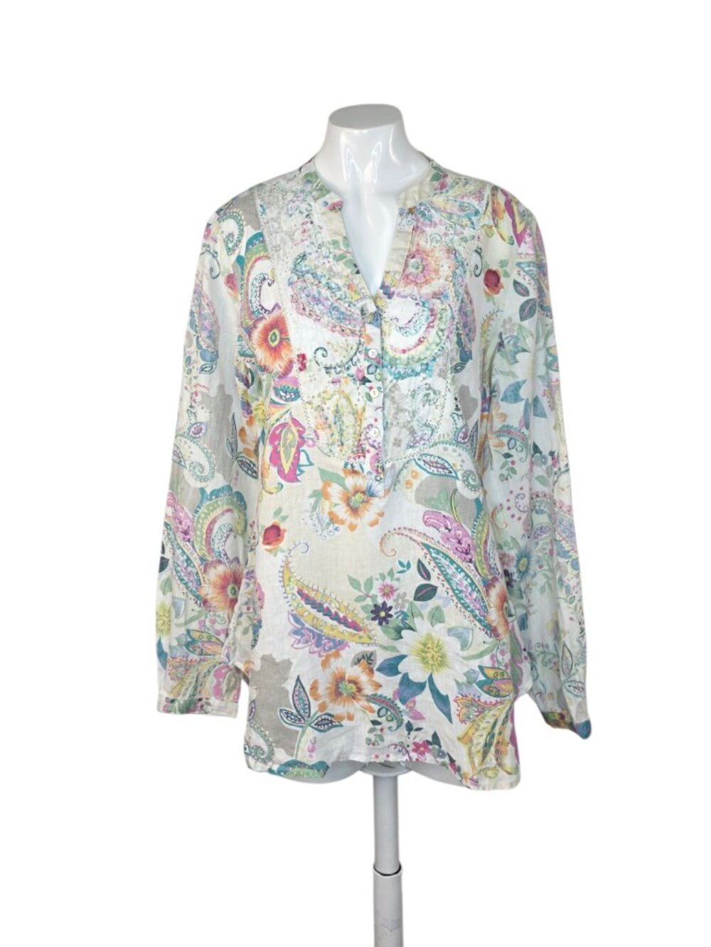 Malvin 100% Linen Paisley Print Long Sleeve Shirt, Button Front, V-Neck, Size S